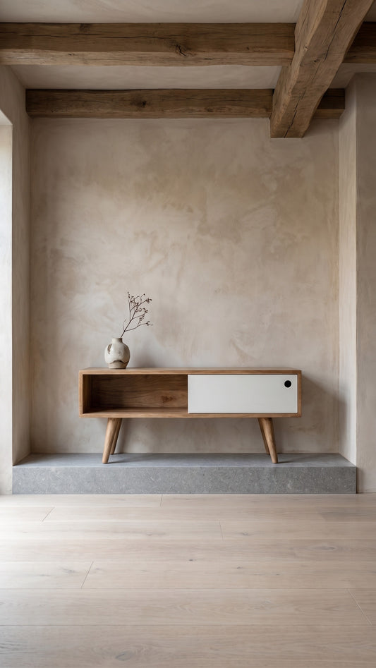 Minimalist wooden Media Unit with white sliding door on polished concrete shelf. Vase with dried branch on top. Bare plaster walls and exposed wooden beams above. Hardwood floor in foreground.