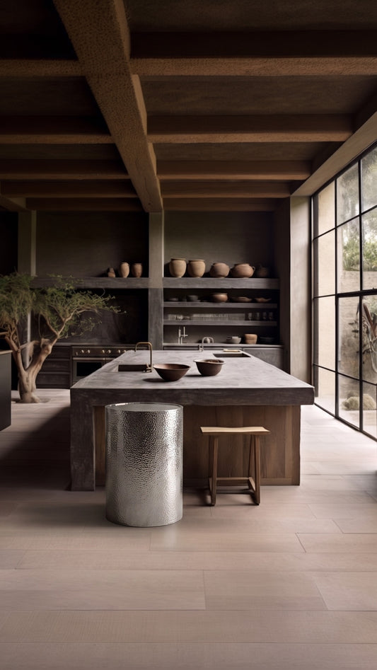 Cylindrical metallic side table with a hammered texture placed in front of a naturalistic kitchen workspace with shelves and window frames in the background.
