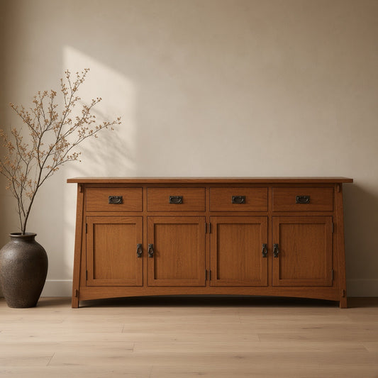 Mission 4 Door 4 Drawer Oak Sideboard - Michaels Cherry, natural wood finish, light brown, against a clean wall with a vase and branch on the left.