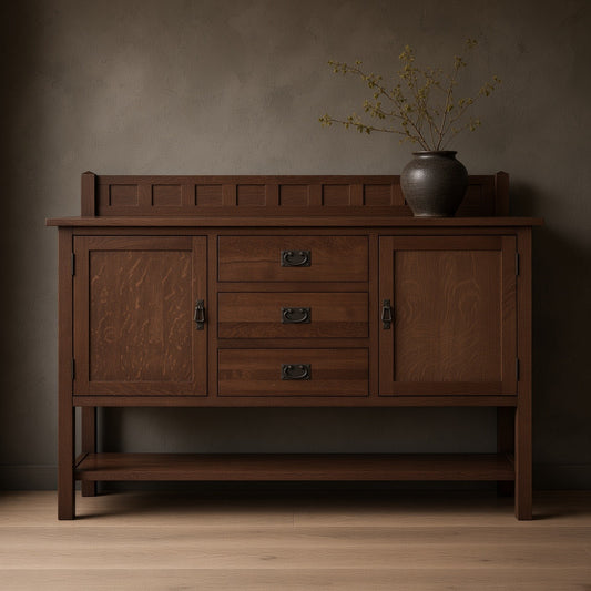 Mission Turner Sideboard with 3 drawers and 2 doors, walnut finish, brown, against a textured wall with a plant in a pot on top.