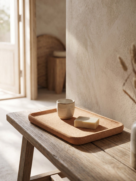 Rectangular cork tray holding a ceramic cup and soap bar on wooden bench in minimalist setting.