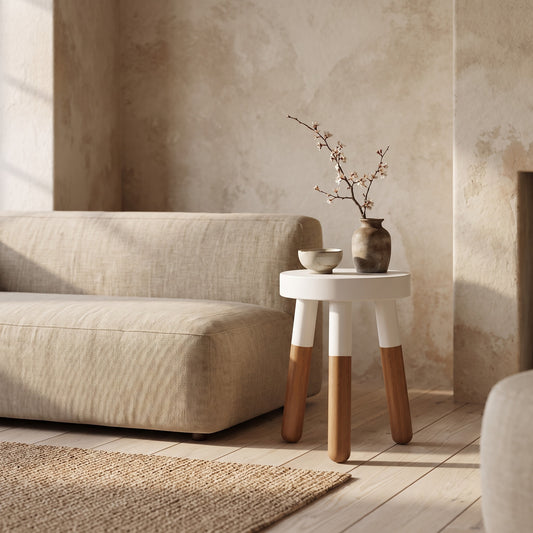White and wooden side table with a bowl and vase on a wooden floor near a sofa.