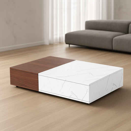 Modular two-toned coffee table, featuring wood and white marbled panels, placed in a minimalist living room setting.