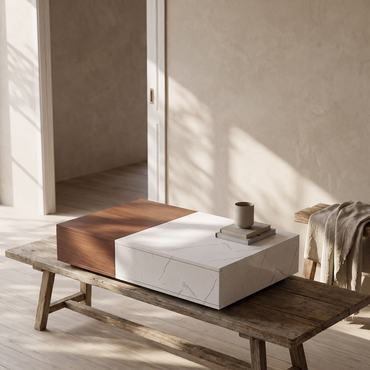 Modern style walnut coffee table with two storage spaces