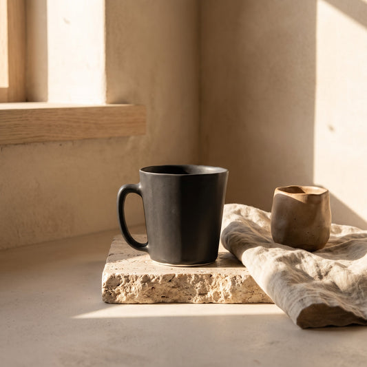 A matte black ceramic mug on a stone block with a smaller clay pitcher and cloth in soft indoor lighting.