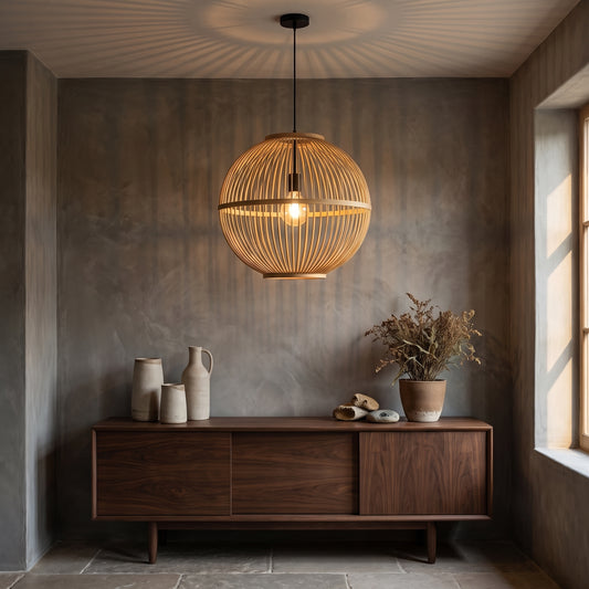 A modern Japandi ceiling lamp with a bamboo woven canopy hangs over a dark wooden sideboard with minimalist decor.