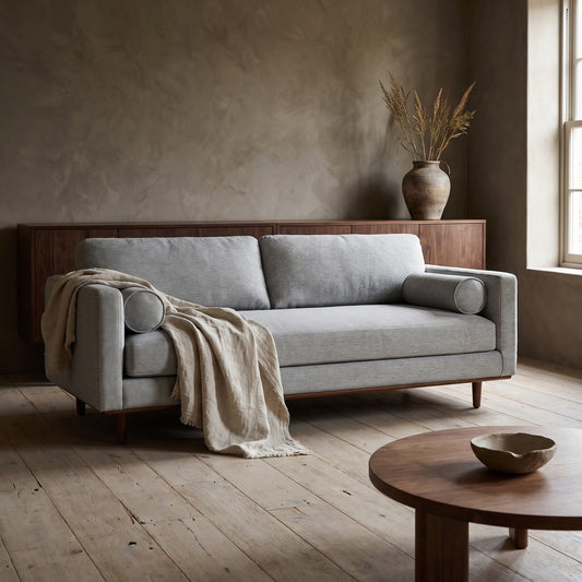 Gray sofa with circular靠靠墊靠 on wooden floor, beige throw, textured wall