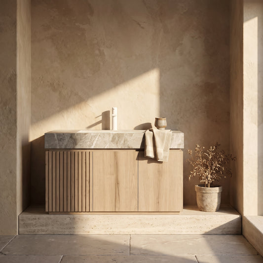 A wooden vanity with a stone countertop in a sunlit niche, next to a potted plant on a tiled floor.