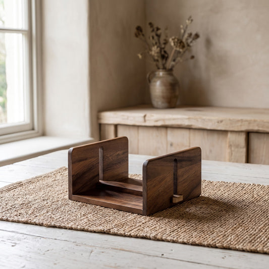 Wooden napkin holder with a minimalist design on a woven mat in a rustic setting