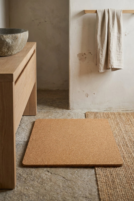Square cork bath mat on stone floor next to wooden sink and towel hanging on rack