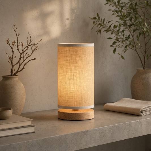 A cylindrical table lamp with a natural jute fabric shade and a wooden base, softly illuminated on a minimalist setting with books, vases, and a folded cloth visible.