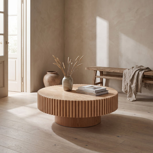 A round wooden coffee table with a light finish and pleated design, set in a naturally lit room with light beige walls and wooden floor, featuring decorative items on top.