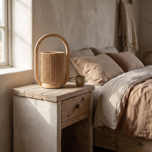 A wooden bedside table with a woven jute arch lamp on it. Tan cotton sheets and pillows on a wooden bed are visible behind, with natural light streaming in from a nearby window.