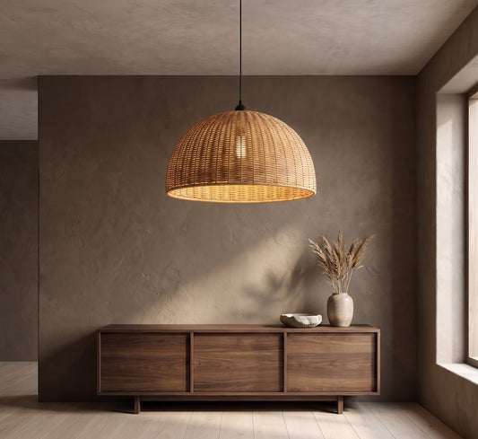 A rattan hemisphere pendant light suspended above a wooden cabinet, with natural lighting on a textured wall.