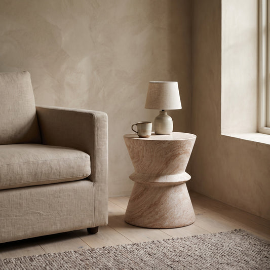 Outdoor/Indoor Lightweight Concrete Side Table with Travertine - Beige