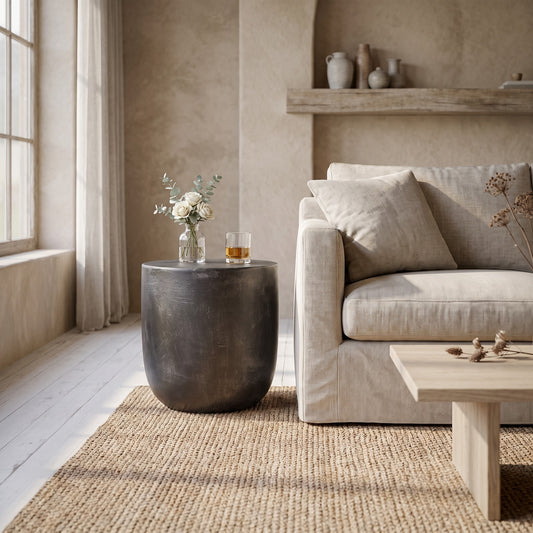 Round dark concrete side table with flower vase and glass of whiskey on top, light beige sofa with cushions, woven rug in neutral tones, minimalist decor in bright interior