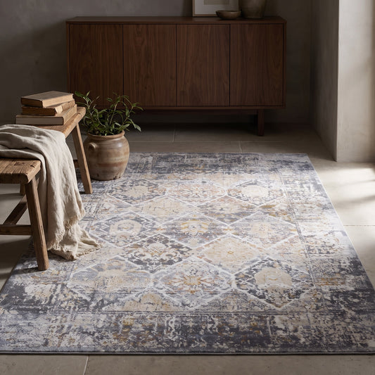 Printed area rug with intricate geometric designs on a gray, white, and yellowish cream background.