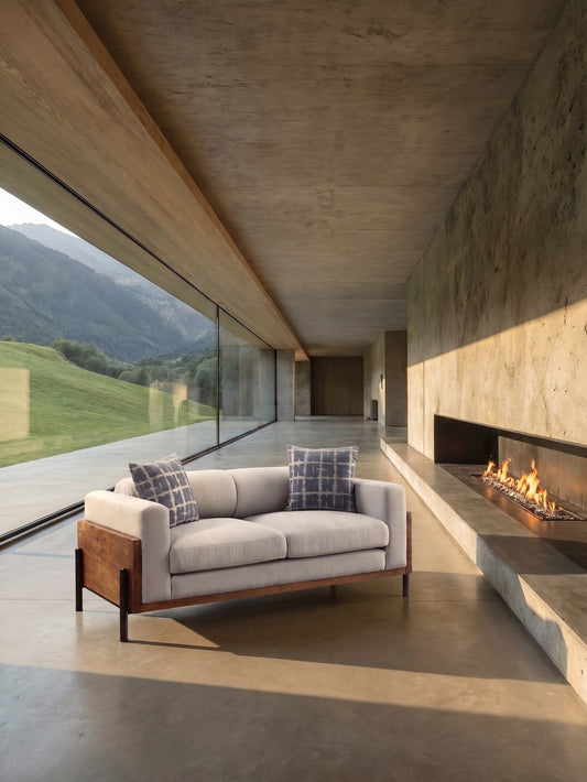 {"alt":"A contemporary living room with a minimalist design, featuring a beige cushioned Loveseat with two patterned cushions, placed near a concrete floor and