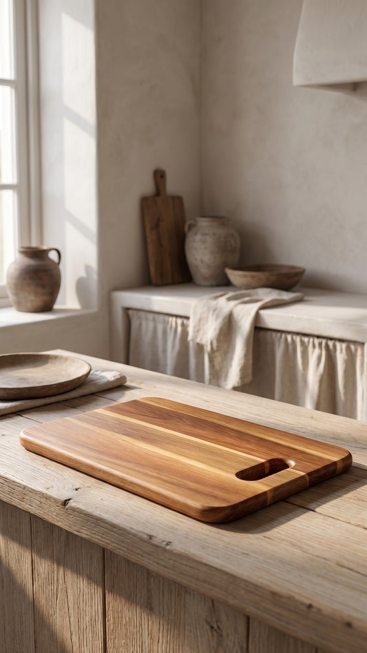 Rectangular wooden cutting board with natural wood grain on a rustic wooden surface in a neutral-toned room setting