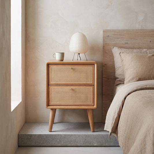 Solid wood bedside cabinet with caned drawers, beige linens, minimalistic decor. Located next to a bed, light streaming in from a window.