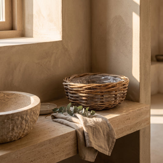 A woven rattan bowl placed on a light stone bench, surrounded by rustic decor, indoors.