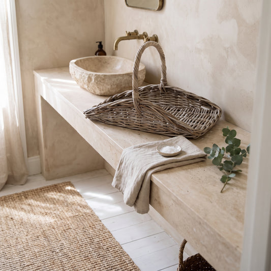 Rattan Garden Trug Basket with natural finish on wall-mounted sink in neutral-toned bathroom setting