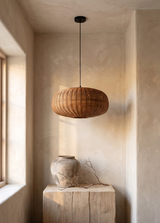 A woven rattan pendant lamp hangs from a ceiling in an artisanal interior with light-colored walls and a simple wooden pedestal holding a vase and branches.