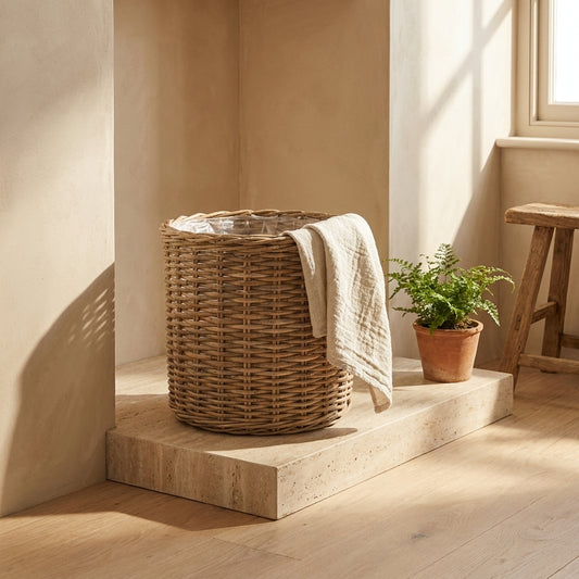 Natural wicker rattan planter basket with tan fabric draped over it, placed on a stone step.