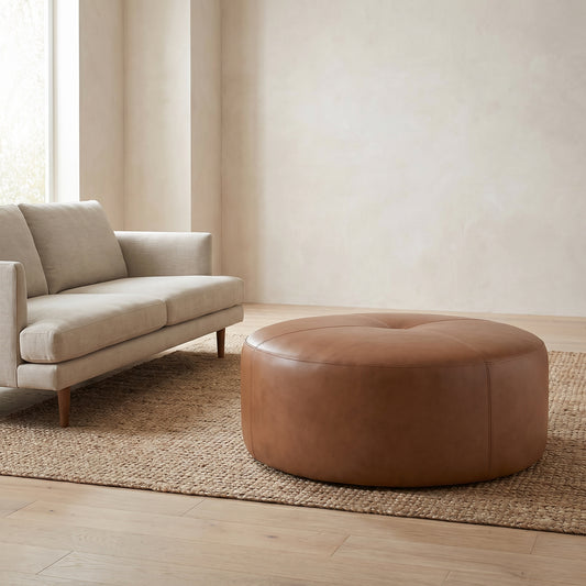 Tan leather ottoman on woven rug with beige sofa in soft-lit room, wabi sabi style.