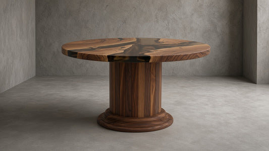 A round dining table with a wooden drum pedestal base in a minimalist setting