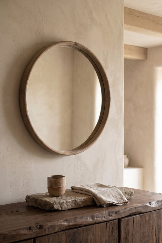Round wood mirror with a natural finish, hanging on a textured wall. A rustic stone surface holds a ceramic cup and a beige cloth.