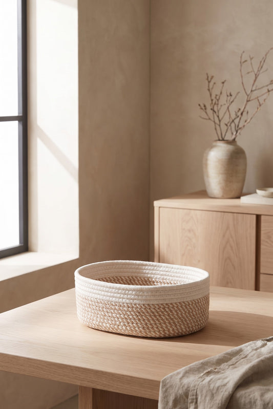 Image shows a medium-sized woven rope basket on a wooden table, beige wall with vases and branches, window light creating shadow.