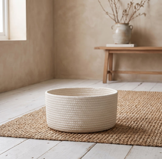 A beige woven basket on a natural fiber mat in a minimalistic room with wooden floors and a vase of twigs in the background