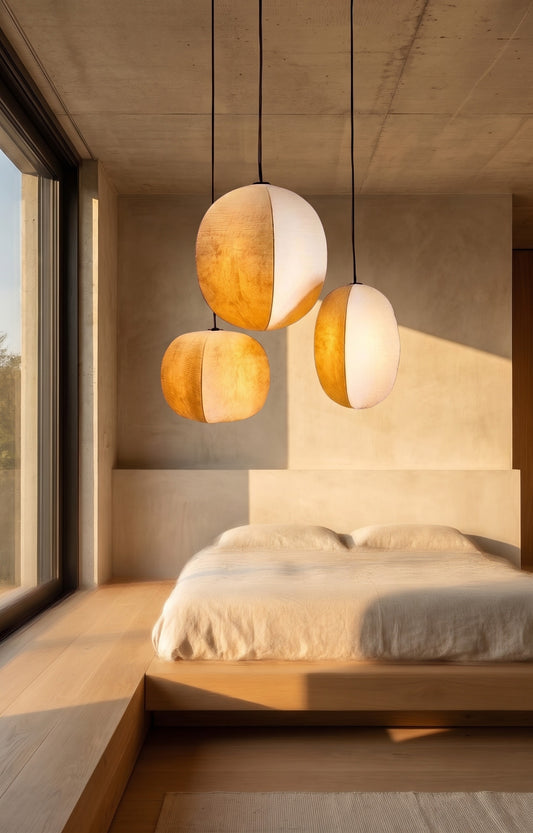 Textured geometric pendant lights suspended above a wooden platform bed in a minimalist bedroom with natural light streaming in.