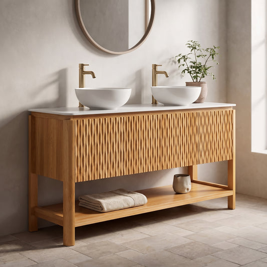 Double sink vanity with sintered stone top and wooden cabinet, brass faucets, neutral colors, modern bathroom setting