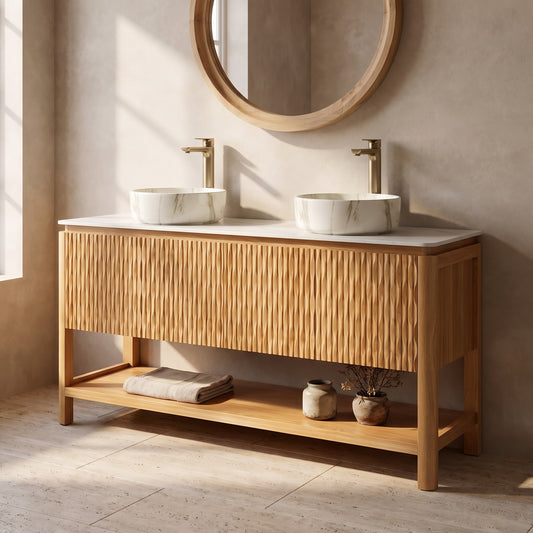 A wooden bathroom vanity with fluted doors and marble top, white sinks, and beige wall with circular mirror, set in a minimalist aesthetic.