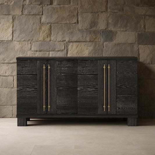 Dark wood sideboard with golden handles against stone wall