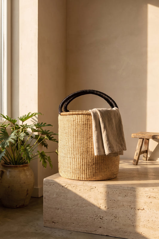 A cylindrical woven basket with a black handle, covered with a beige cloth, placed on a concrete pedestal with a green plant and a wooden stool in the background