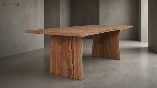 A raw, unpolished acacia wood live edge dining table with natural bark on four thick legs, set against a minimalist concrete wall.