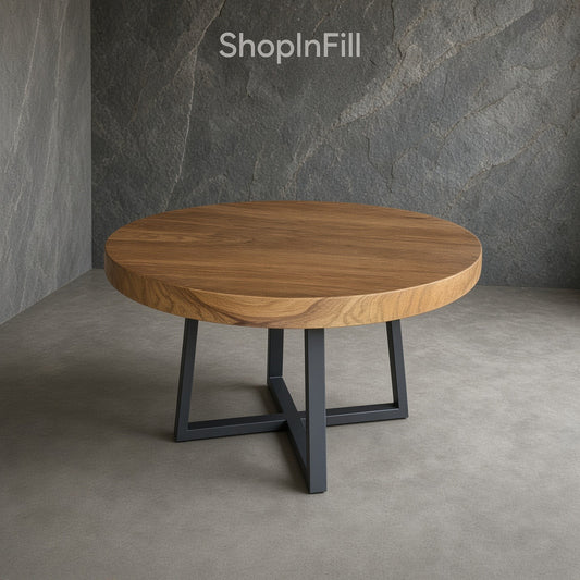 Solid teak round dining table with black metal legs, positioned in a minimalist setting with stone walls and a concrete floor.