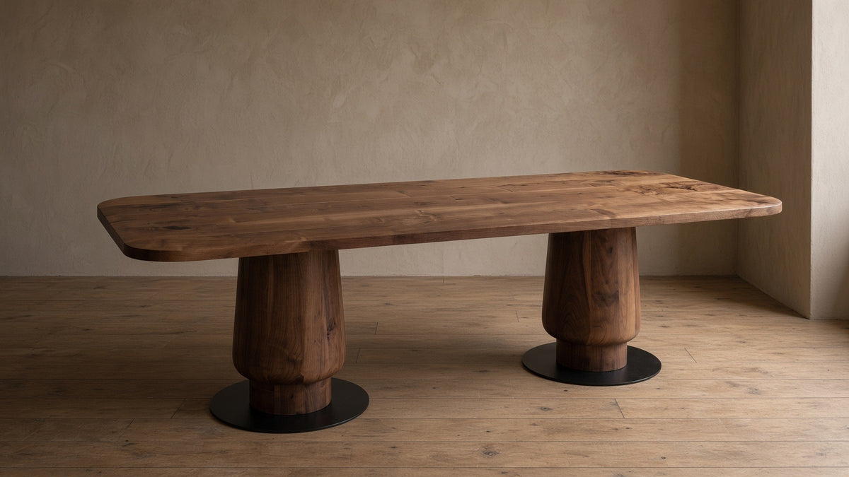 ShopInFill staged scene — solid-walnut-wood-edge-glued-dining-table-with-wooden-tulip-legs