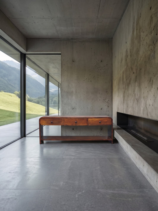 Solid Wood Aspen Slim Media Unit with 3 drawers and no upper cabinet against a concrete wall, open to a window showing green hills.