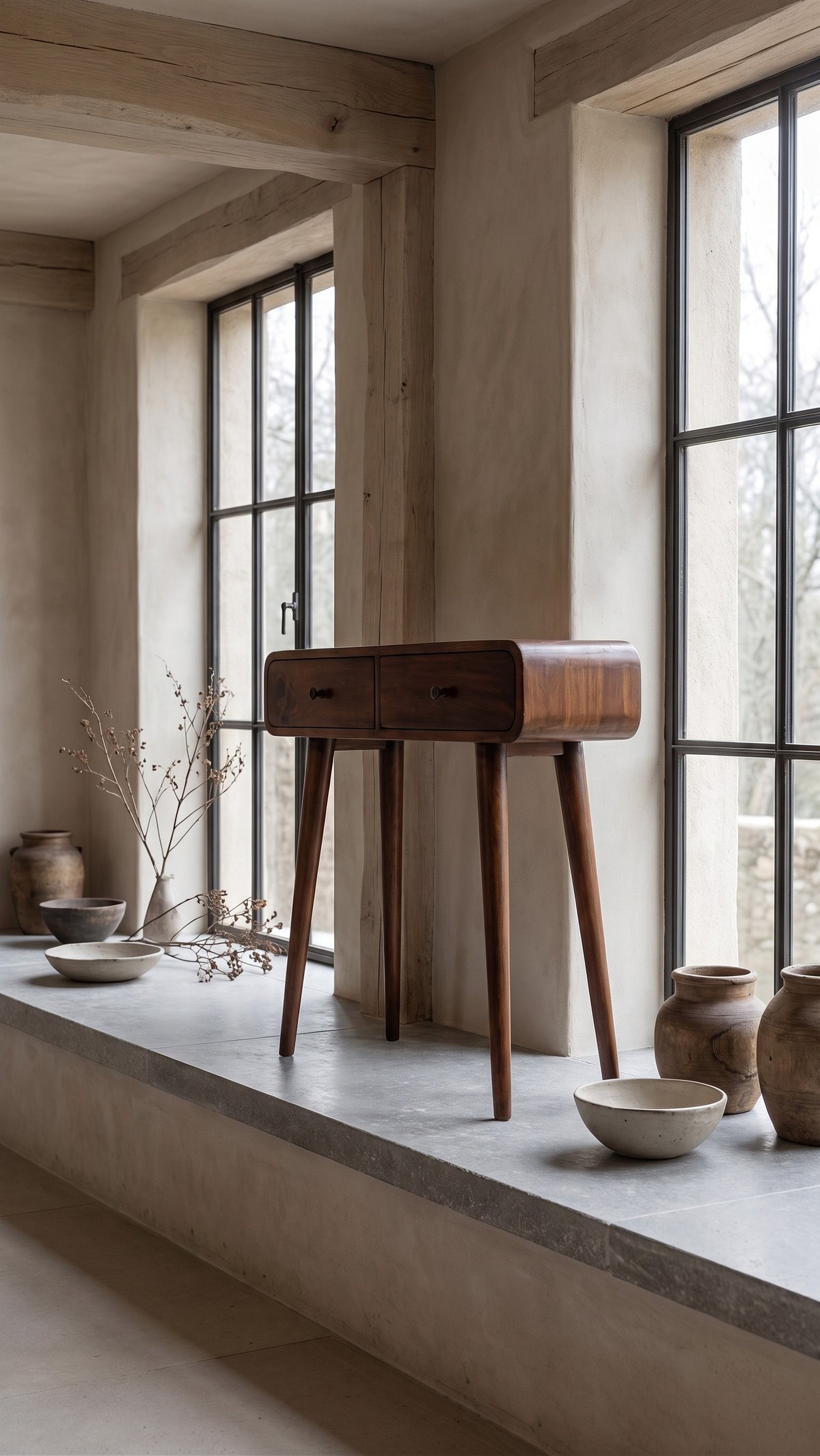 Solid Wood Chestnut Curved Hallway Table, 2-Drawers, Nordic Legs
