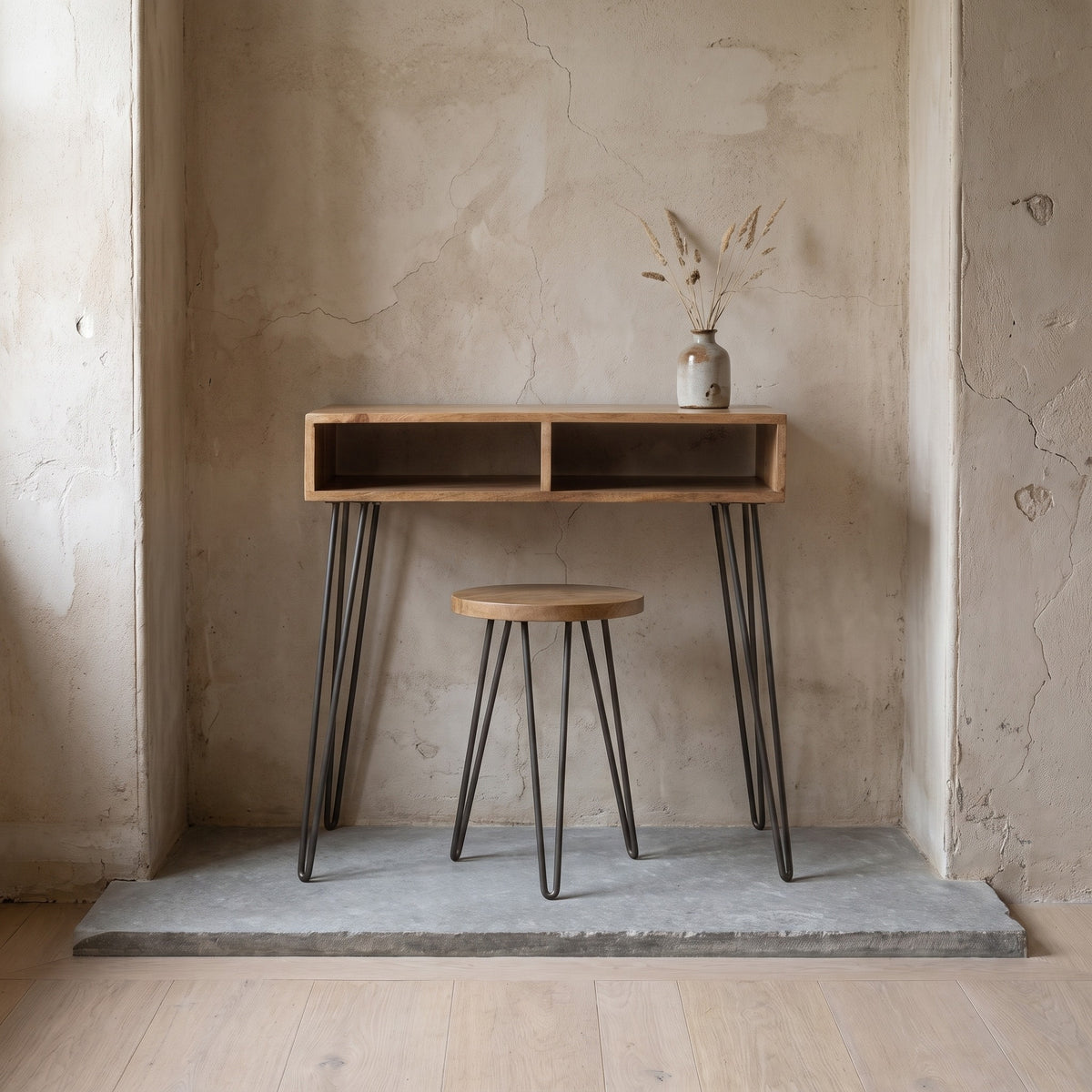 Solid Wood & Iron Base Writing Desk with Stool