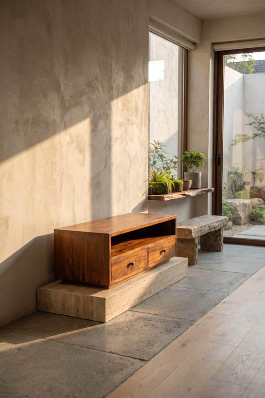 Narrow wooden media unit with drawers, chestnut finish, on concrete ledge near window with plants in the background.