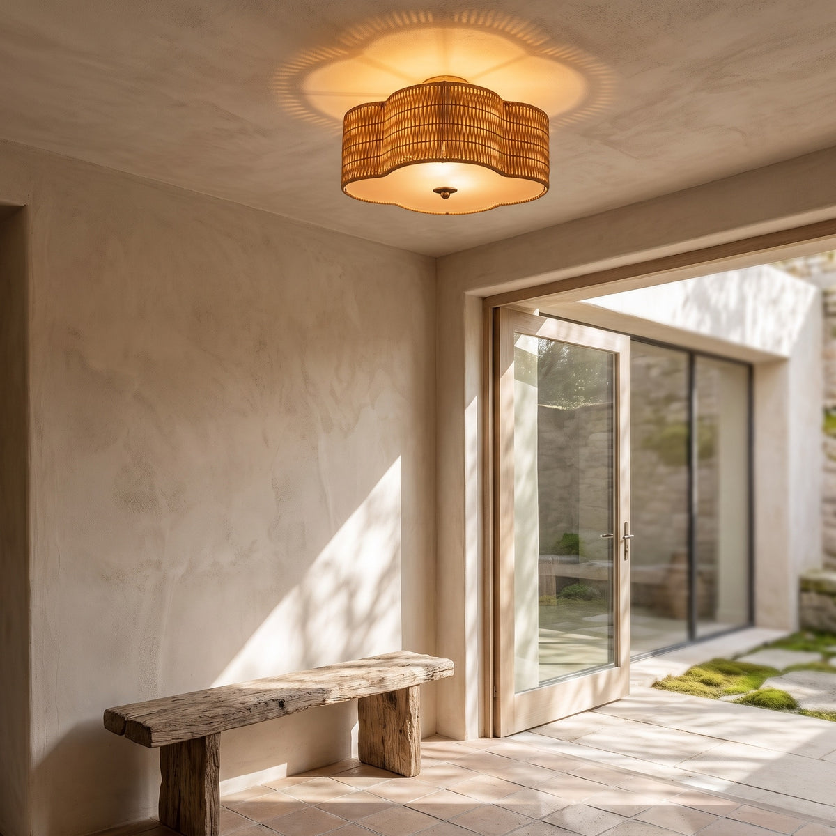 Sophisticated Scallop-Trim Rattan Flush Light