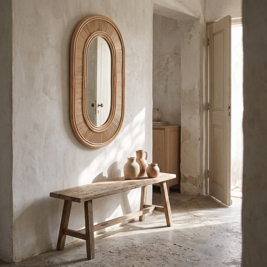 An oval rattan wall mirror with a wooden bench and pottery below, in an open doorway with a rustic finish