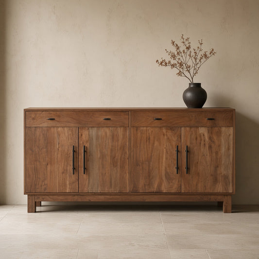 Solid wood sideboard with two doors on each side, brown finish, minimalist decor on a beige wall backdrop.