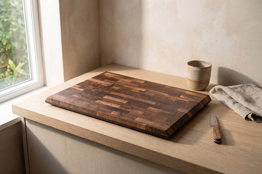 Rectangular walnut cutting board with visible grain on wooden kitchen counter, knife and tea bowl nearby, natural light from window in background.