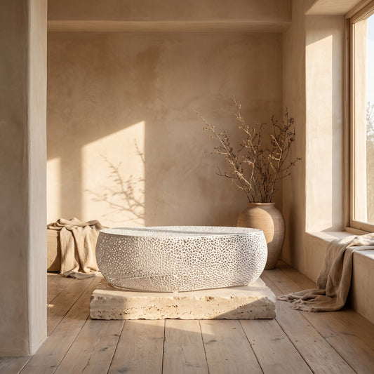 Large, textured white bowl on a wooden pedestal in a minimalist room with beige walls and a large window.